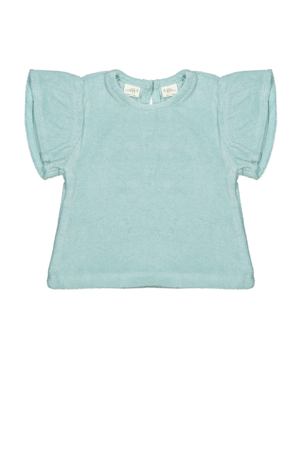 Lichtgroene meisjes Riffle Amsterdam -shirt van badstof met effen, korte mouwen, ronde hals, knoopsluiting en ruches