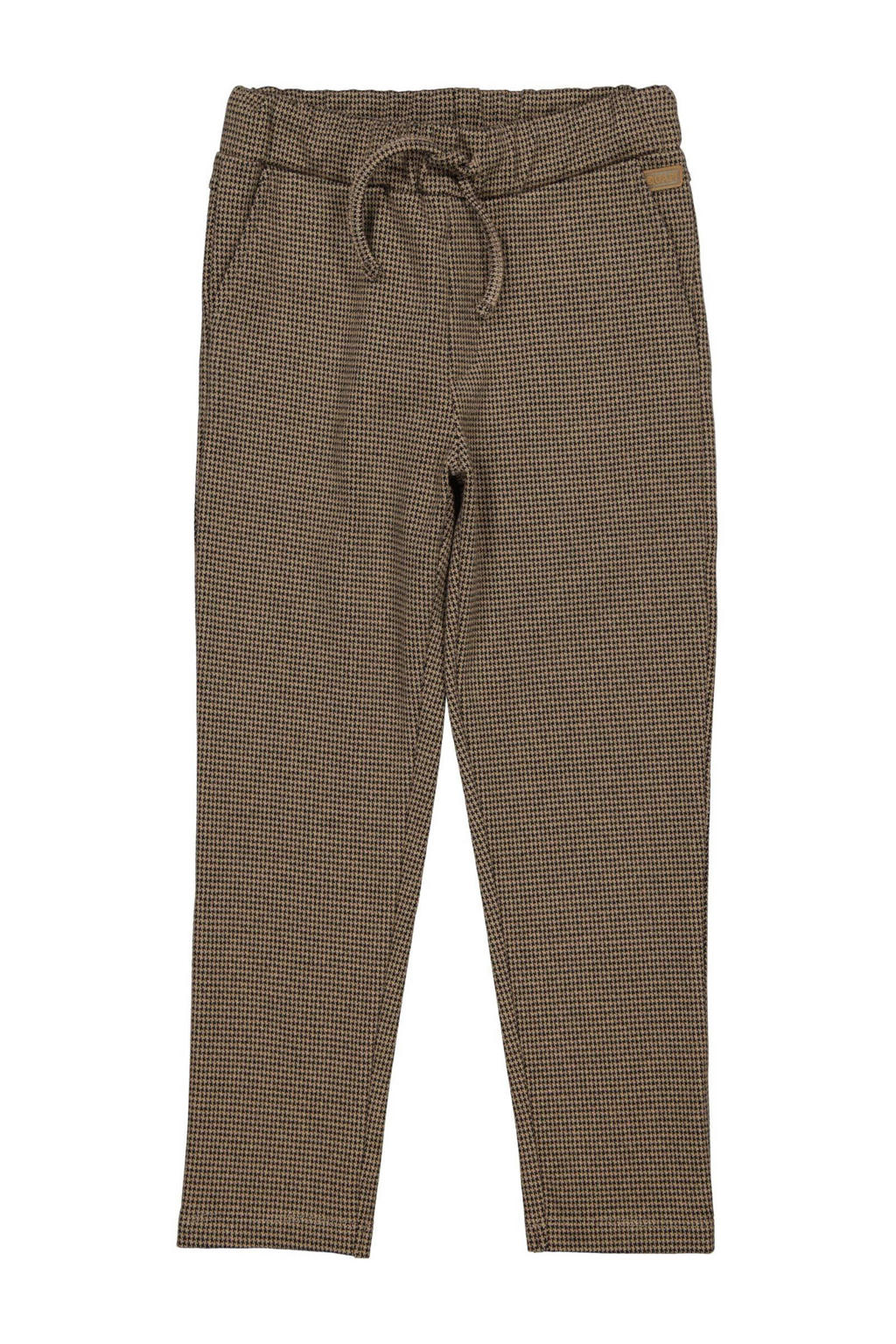 Beige en zwarte jongens Quapi regular fit broek van stretchkatoen met elastische tailleband met koord en pied de poule dessin