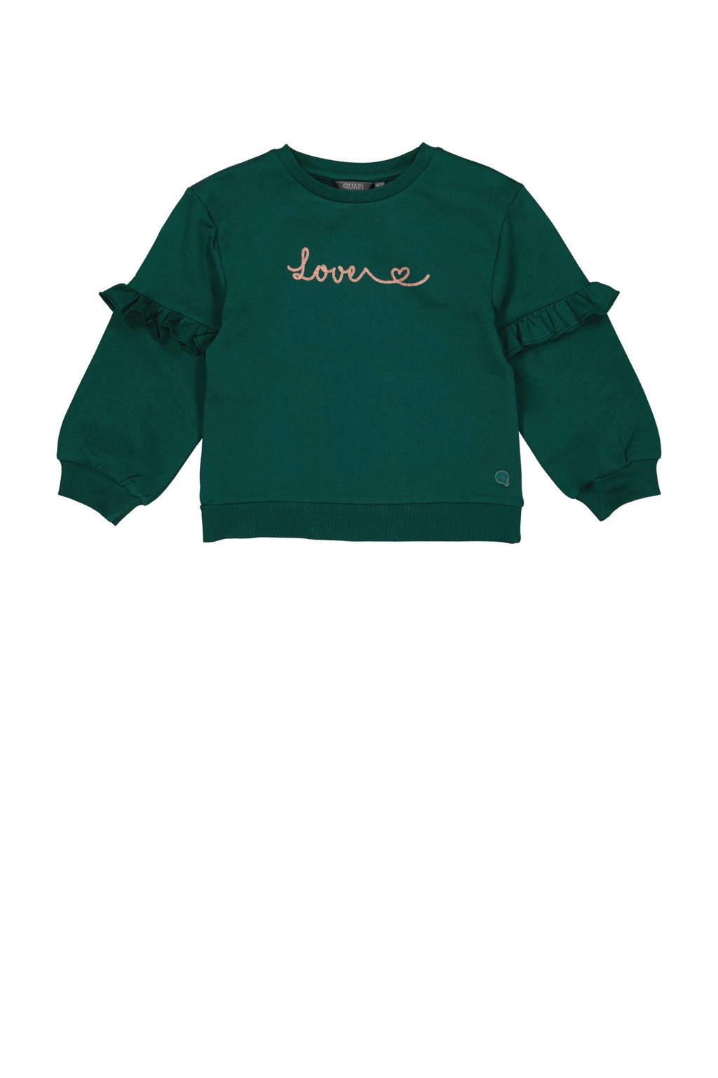 Groen en gouden meisjes Quapi sweater met effen, lange mouwen, ronde hals, knoopsluiting en geribde boorden