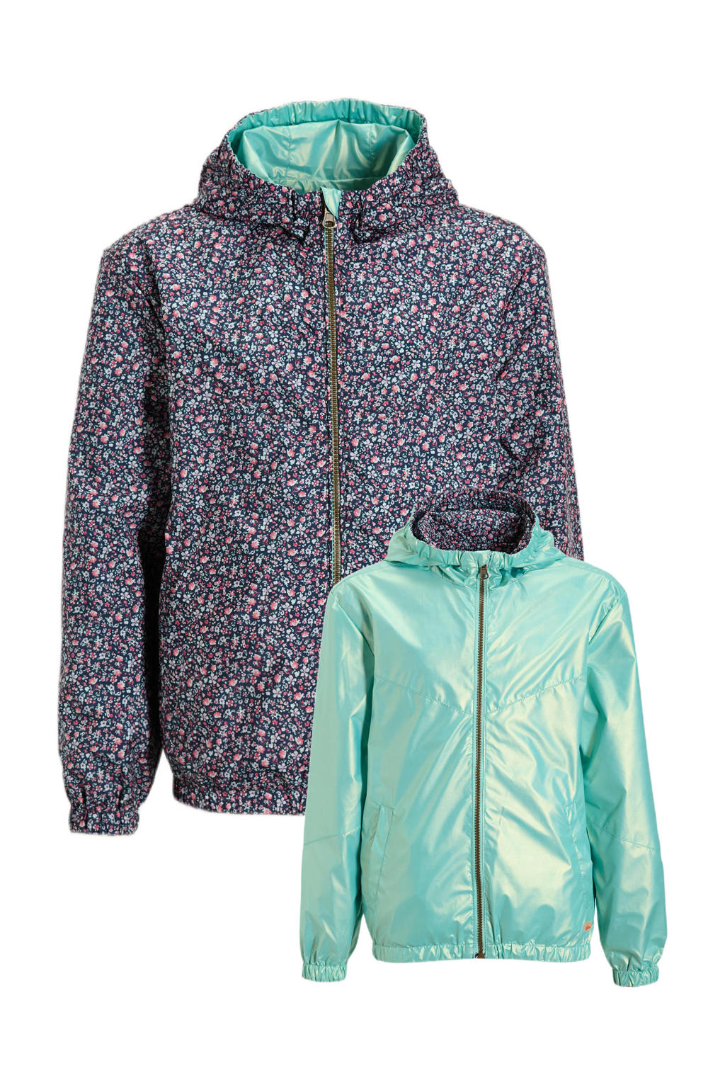 Donkerblauwe meisjes Orange Stars reversible jacket ditsy floral print van polyester met lange mouwen en capuchon
