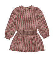 thumbnail: Roze, beige en antraciete meisjes Quapi x Monique Smit jurk van katoen met lange mouwen, ronde hals en smockwerk