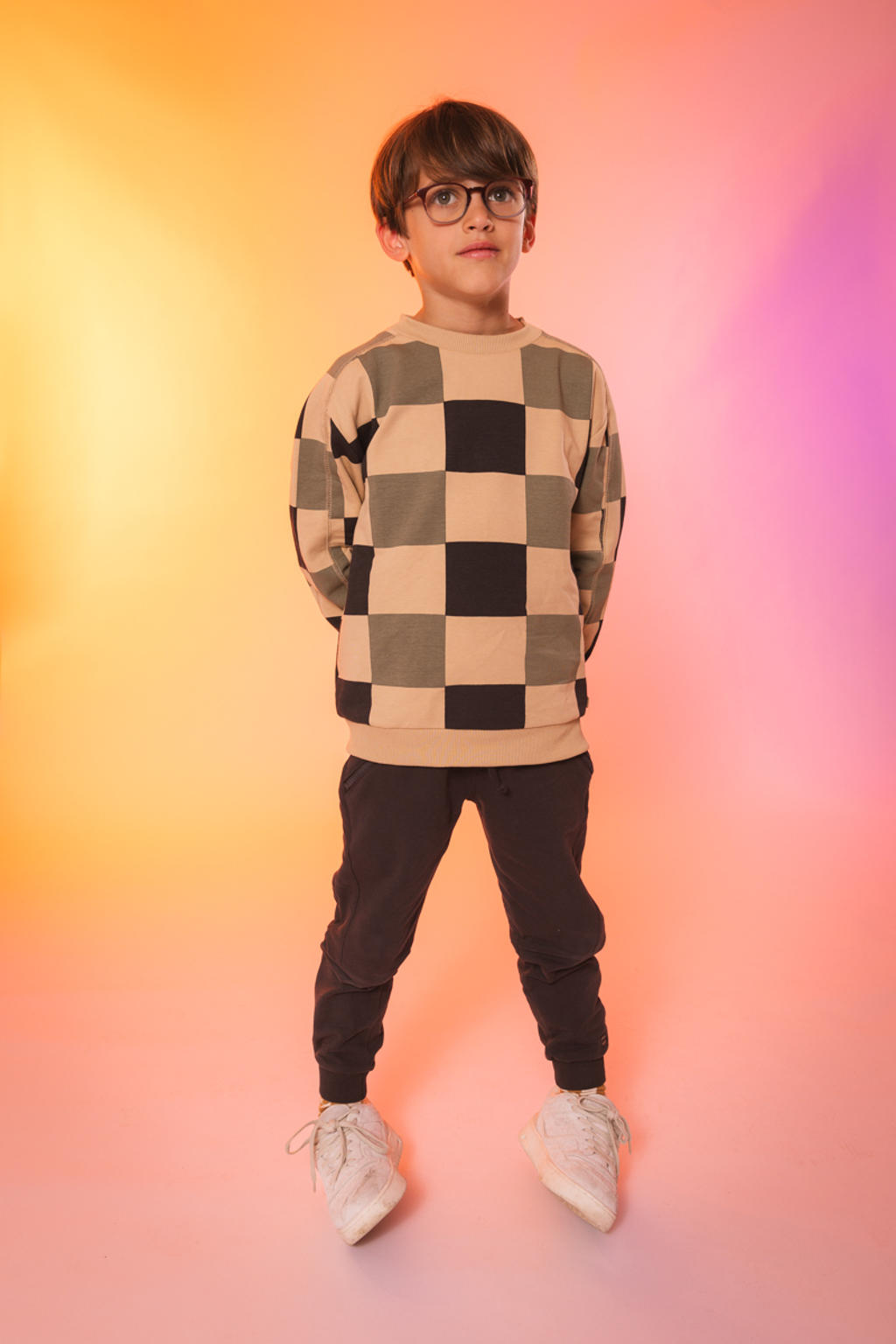 Beige, groen en zwarte jongens Quapi x Monique Smit sweater met ruitenprint, lange mouwen, ronde hals en geribde boorden