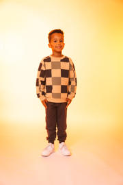 thumbnail: Beige, groen en zwarte jongens Quapi x Monique Smit sweater met ruitenprint, lange mouwen, ronde hals en geribde boorden