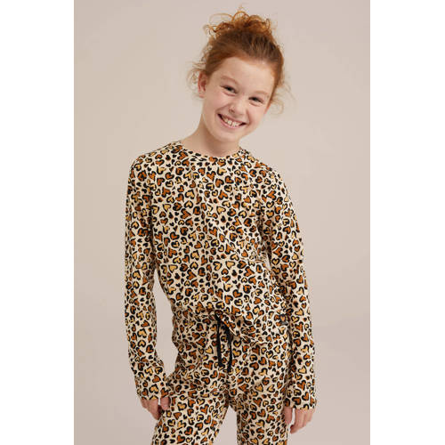 WE Fashion pyjama met panter hartjes print beige/zwart Meisjes Katoen Ronde hals