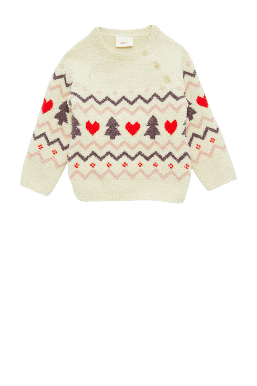 Ecru meisjes s.Oliver kersttrui van polyester met lange mouwen, ronde hals en knoopsluiting