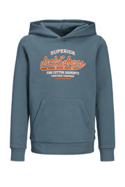 thumbnail: Blauwe jongens JACK & JONES JUNIOR hoodie van sweat materiaal met logo dessin, lange mouwen en capuchon