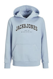 thumbnail: Lichtblauwe jongens JACK & JONES JUNIOR hoodie van sweat materiaal met logo dessin, lange mouwen, capuchon en geribde boorden