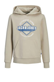 thumbnail: Beige jongens JACK & JONES JUNIOR hoodie van sweat materiaal met logo dessin, lange mouwen en capuchon