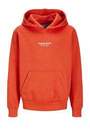 thumbnail: Donker oranje jongens JACK & JONES JUNIOR hoodie rood van sweat materiaal met tekst print, lange mouwen en capuchon