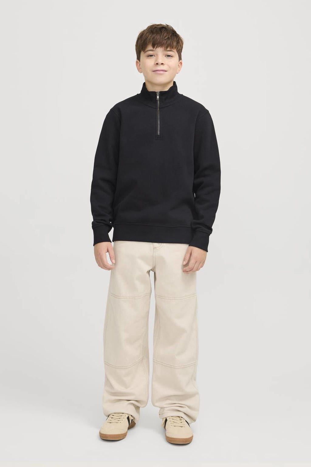Zwarte jongens JACK & JONES JUNIOR sweater met effen, lange mouwen, opstaande kraag en halve rits