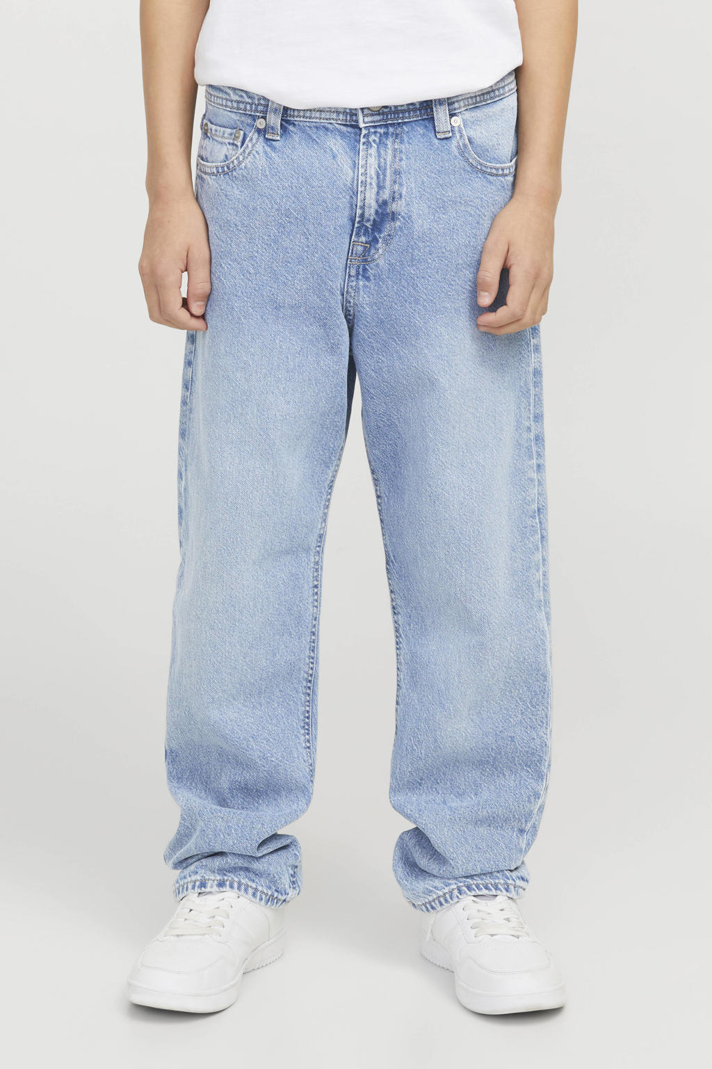 Light blue denim jongens JACK & JONES JUNIOR high waist relaxed fit jeans van denim met effen