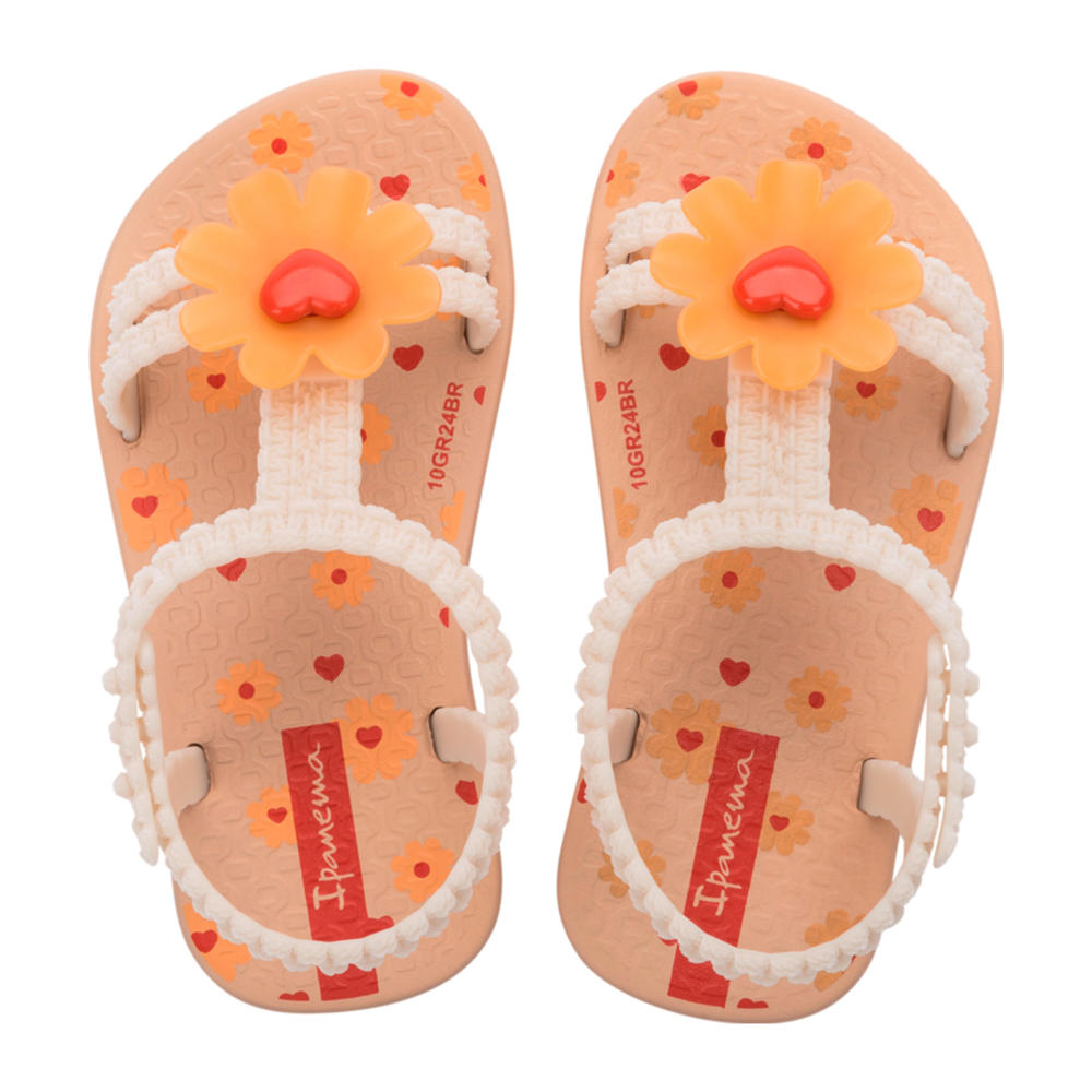 Beige meisjes Ipanema Daisy Baby sandalen van flexband met drukknoop en bloemenprint