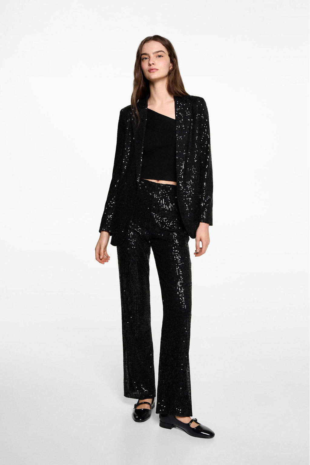 Zwarte meisjes MANGO TEEN regular blazer blazer pailletten van polyester met lange mouwen, reverskraag en knoopsluiting