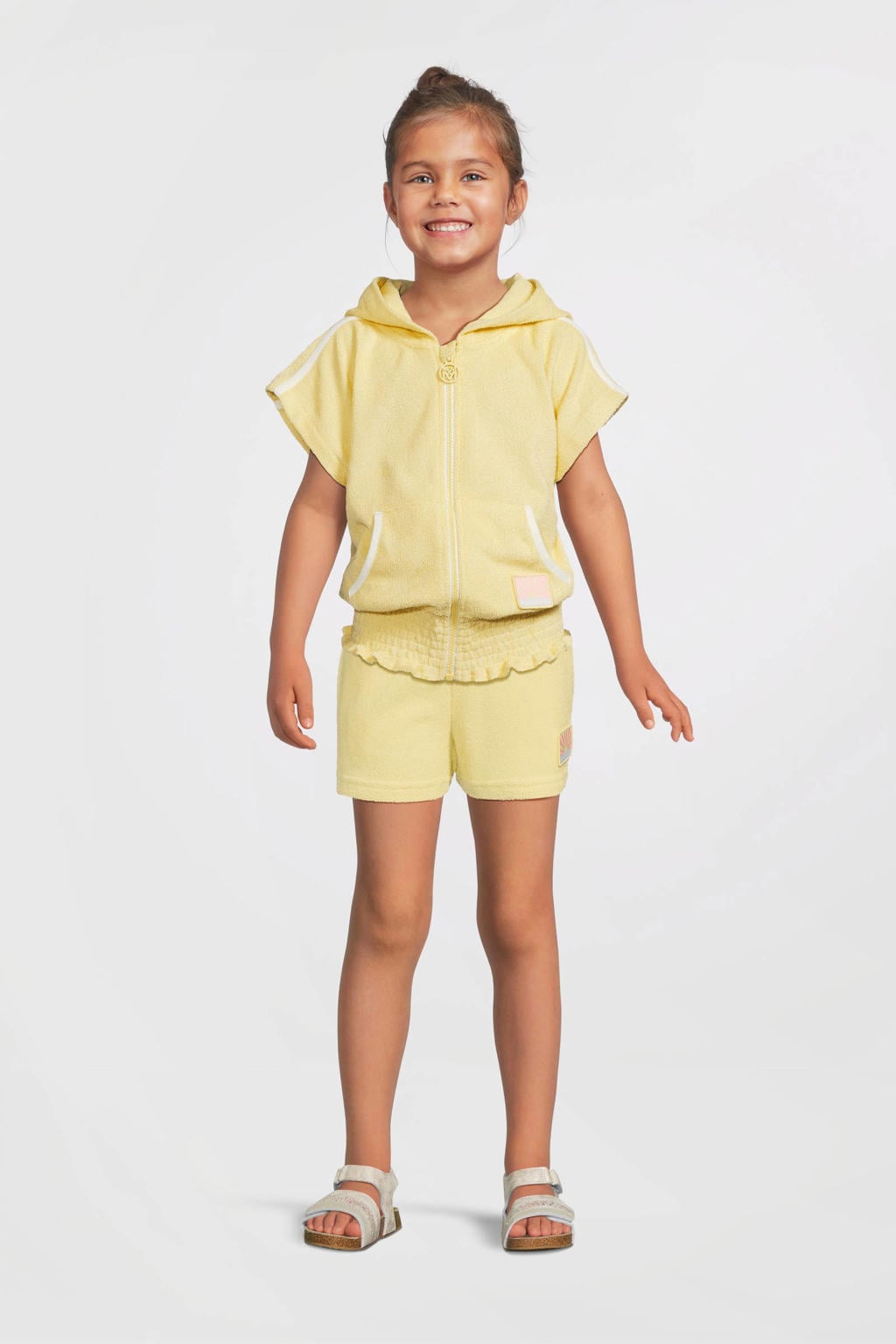 Gele meisjes Me & My Monkey vest van badstof van katoen met logo dessin, korte mouwen en capuchon