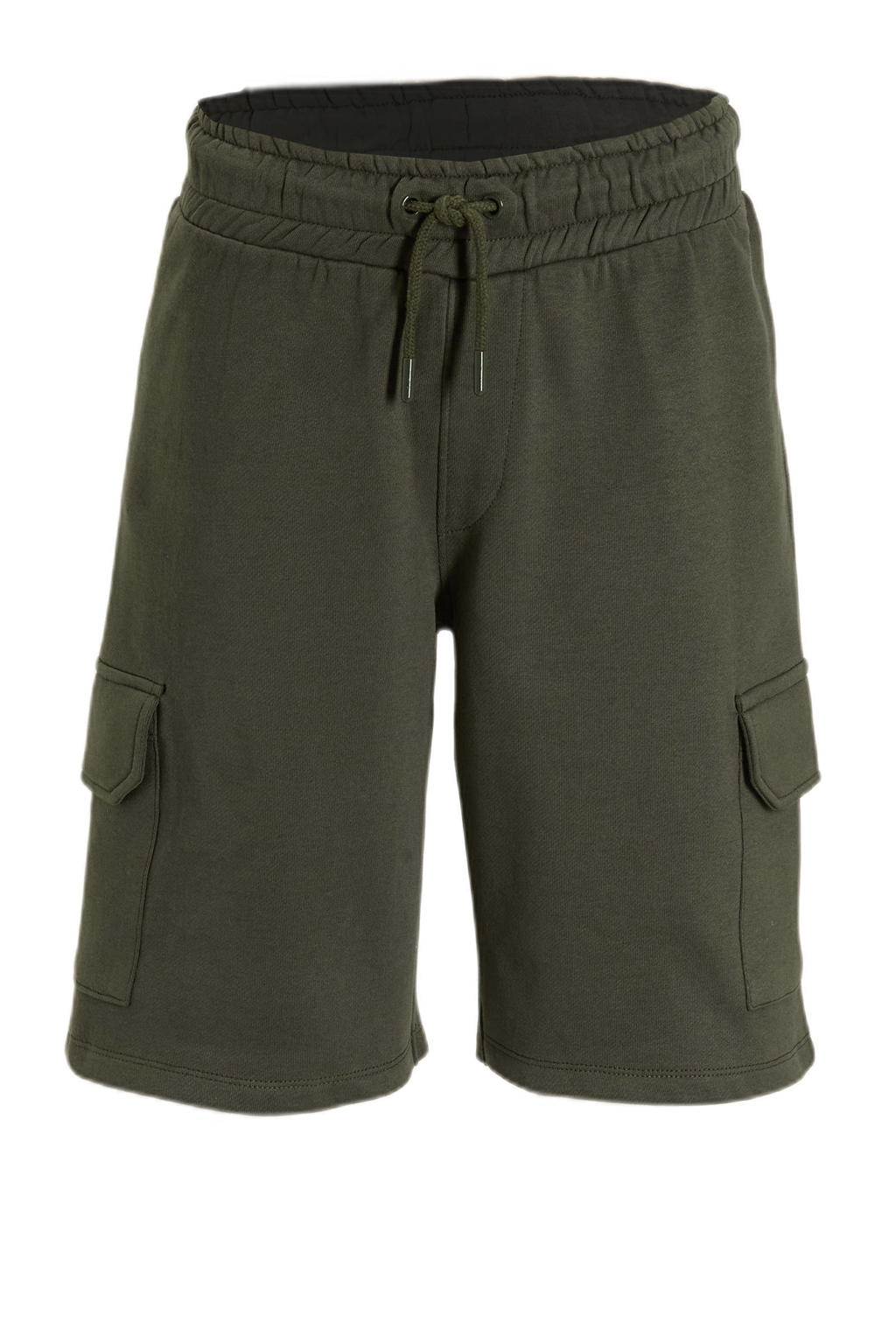 Kakikleurige jongens Anytime cargo sweat short van katoen met elastische tailleband met koord en effen