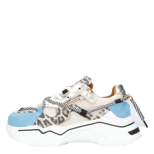 DWRS Jupiter leopard chunky leren sneakers beige/blauw Meisjes Leer Meerkleurig