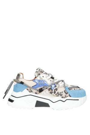 Jupiter leopard  chunky leren sneakers beige/blauw