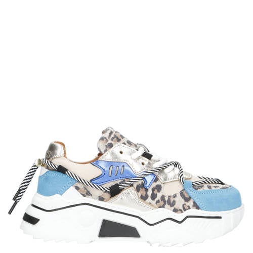 DWRS Jupiter leopard chunky leren sneakers beige/blauw Meisjes Leer Meerkleurig