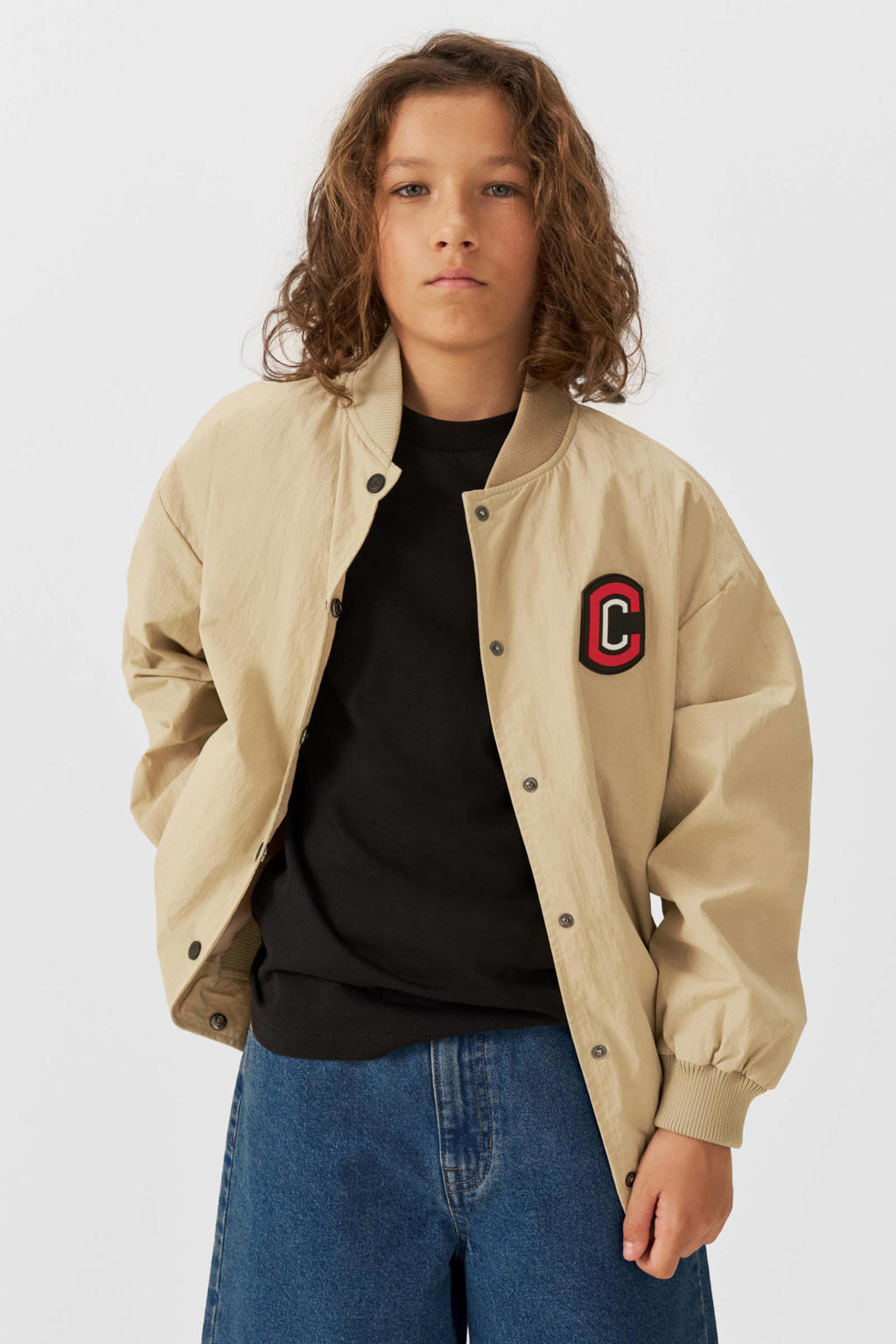 Beige jongens Coolcat jas Jimmy van polyester met printopdruk, lange mouwen en drukknoopsluiting