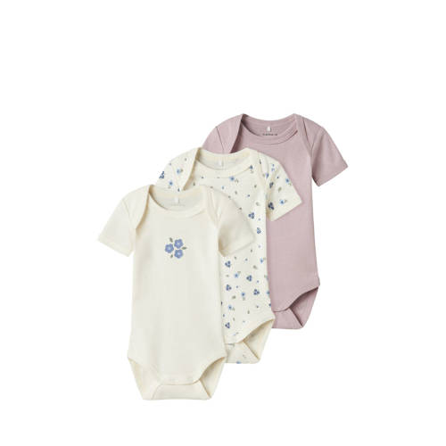 NAME IT BABY romper NBFBODY - set van 3 ecru/mauve Meisjes Katoen Ronde hals - maat 92 afbeelding