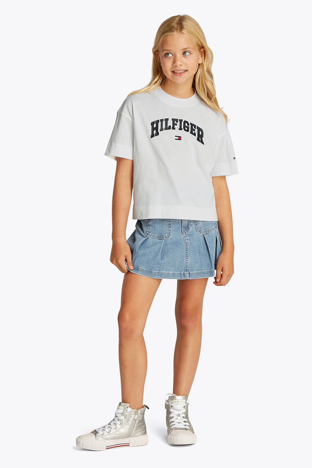 Witte meisjes Tommy Hilfiger T-shirt van katoen met logo dessin, korte mouwen en ronde hals