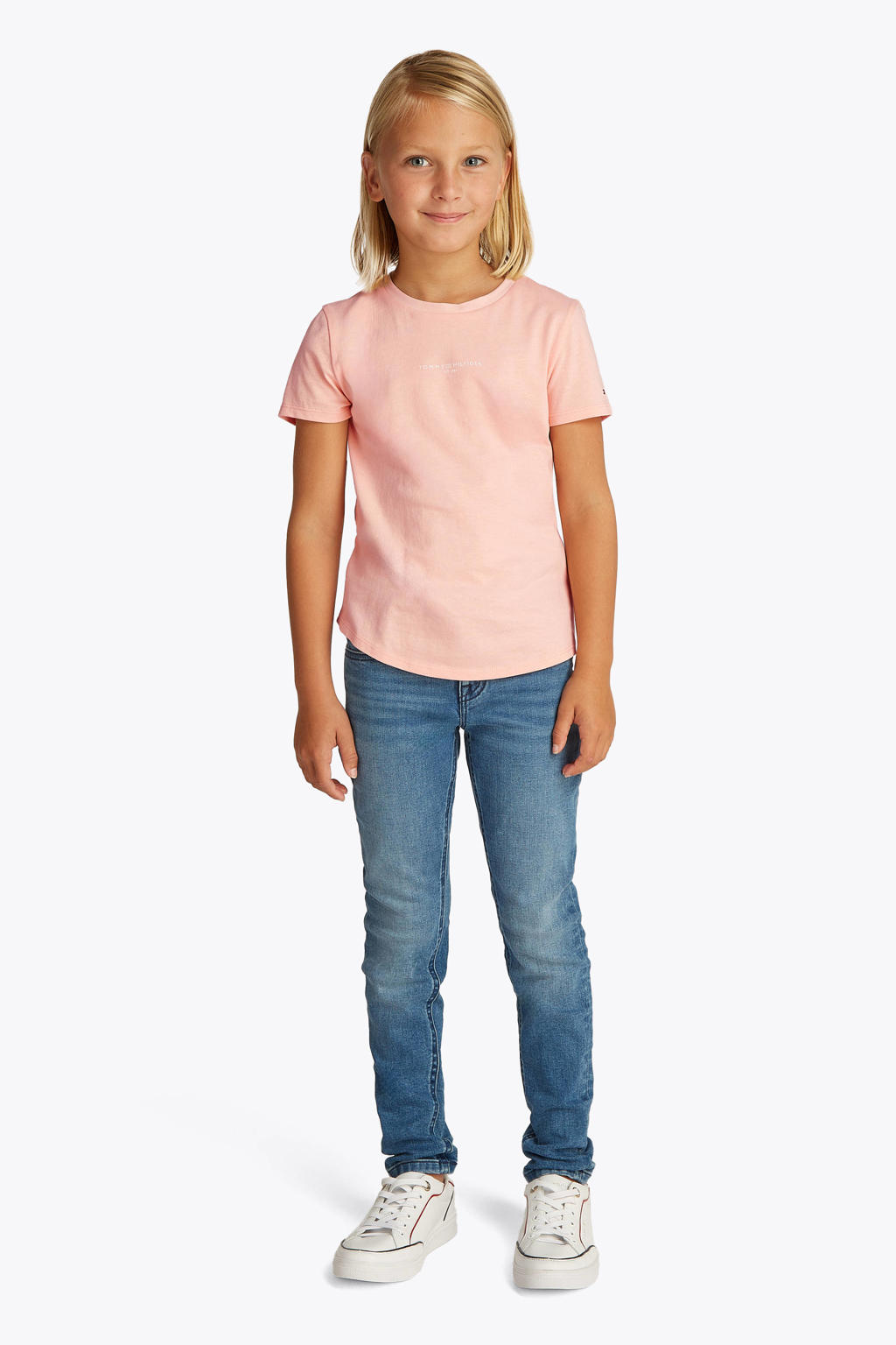 Zalmkleurige meisjes Tommy Hilfiger T-shirt van katoen met effen, korte mouwen en ronde hals