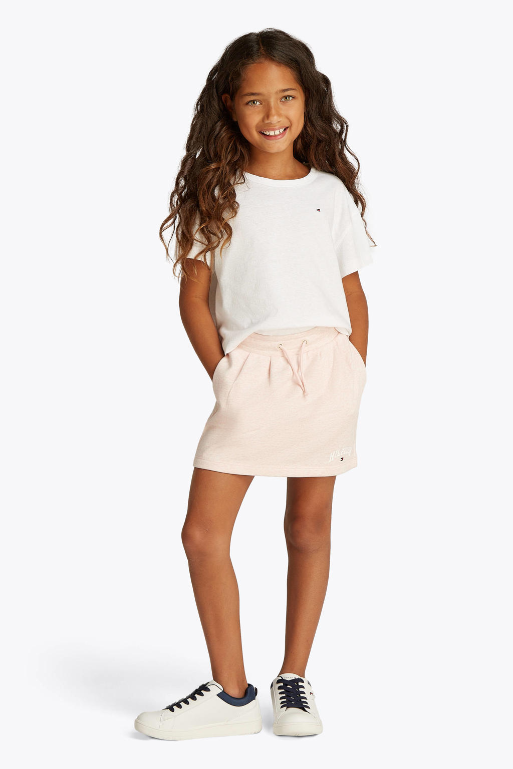 Witte meisjes Tommy Hilfiger linnen T-shirt met effen, korte mouwen en ronde hals