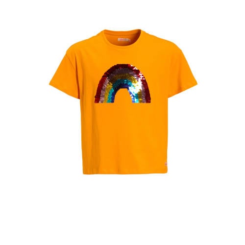 Orange Stars T-shirt met pailletten oranje Meisjes Katoen Ronde hals Meerkleurig