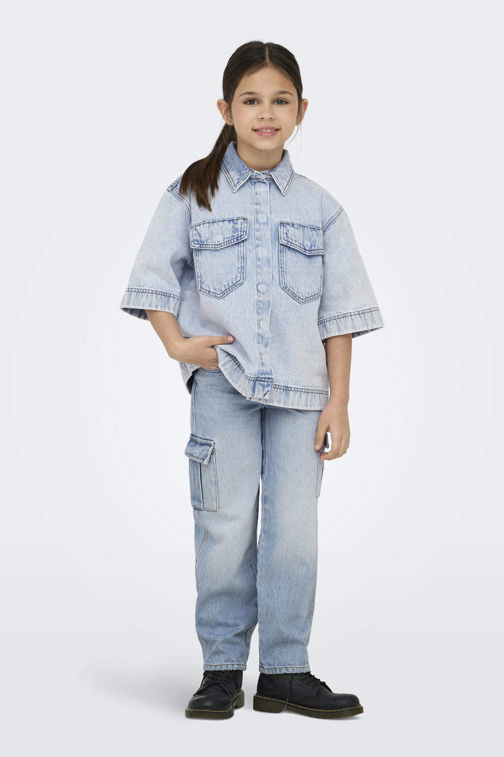 Light blue denim meisjes KIDS ONLY GIRL wide leg regular waist jeans van denim met knoopsluiting en effen