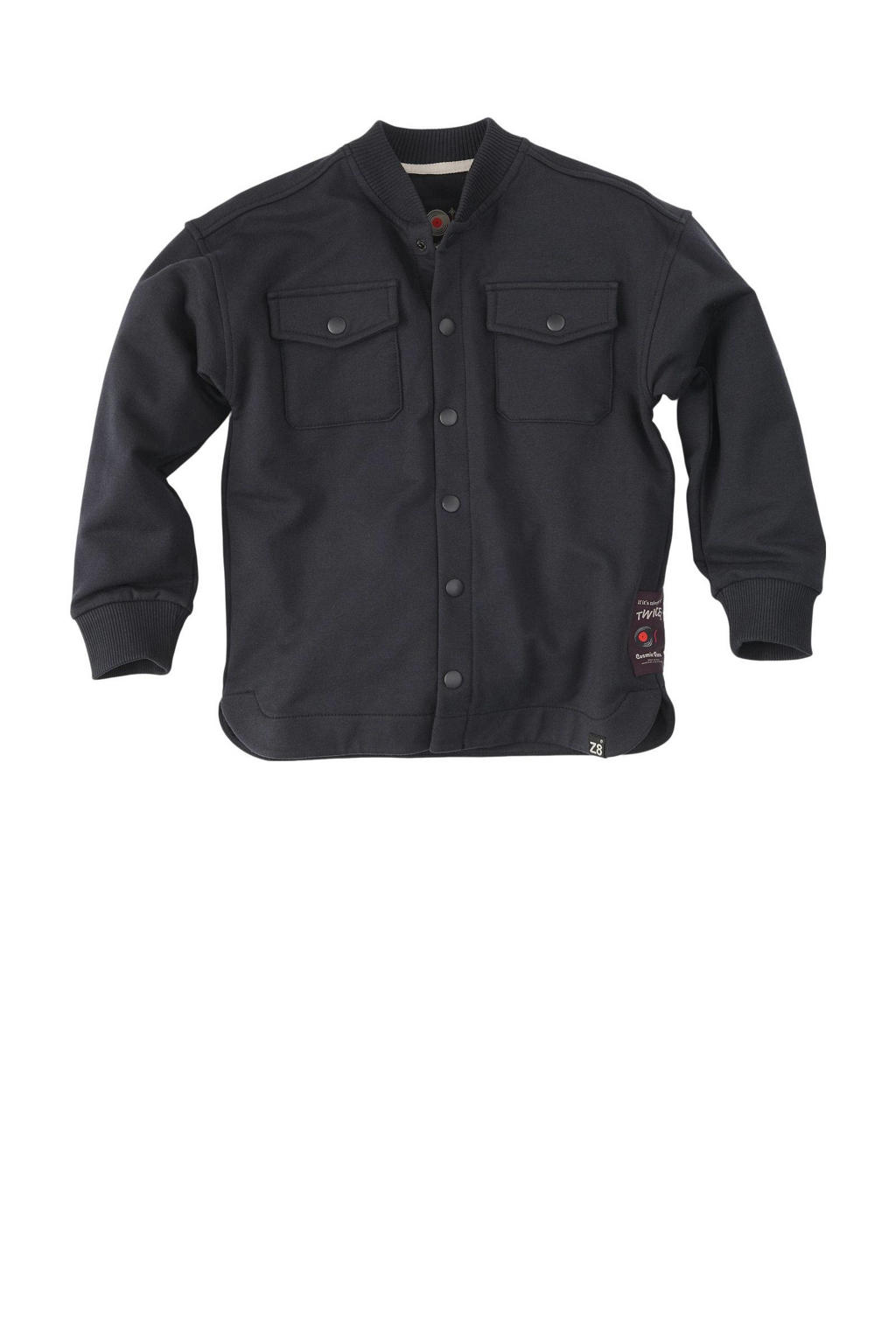 Donkerblauwe jongens Z8 sweatvest Corey met effen, lange mouwen, opstaande kraag en drukknoopsluiting