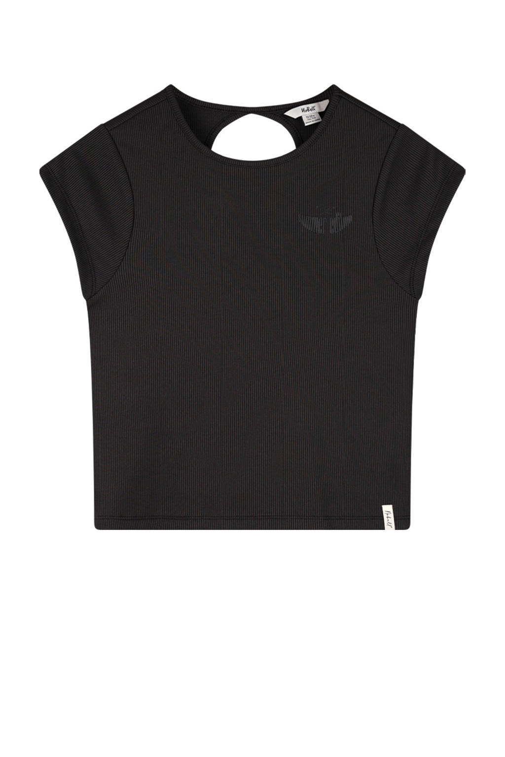 Zwarte meisjes NoBell’ T-shirt van viscose met effen, korte mouwen, ronde hals, knoopsluiting en open detail