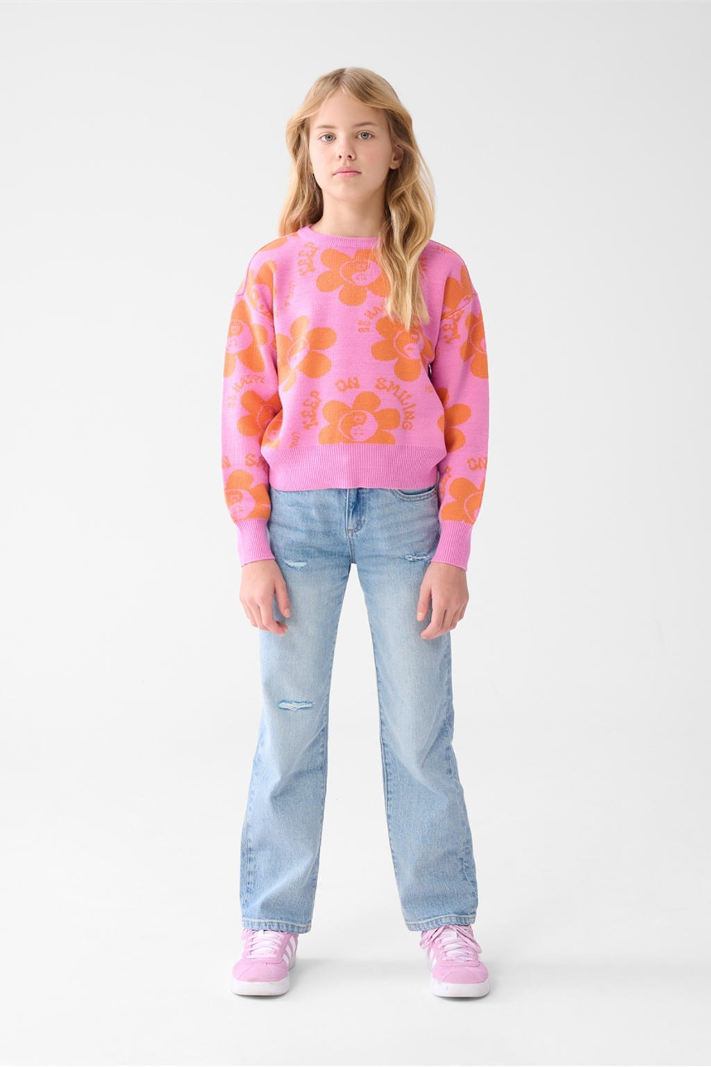 Light blue denim meisjes Shoeby straight regular waist regular fit jeans van denim met rits- en knoopsluiting en effen