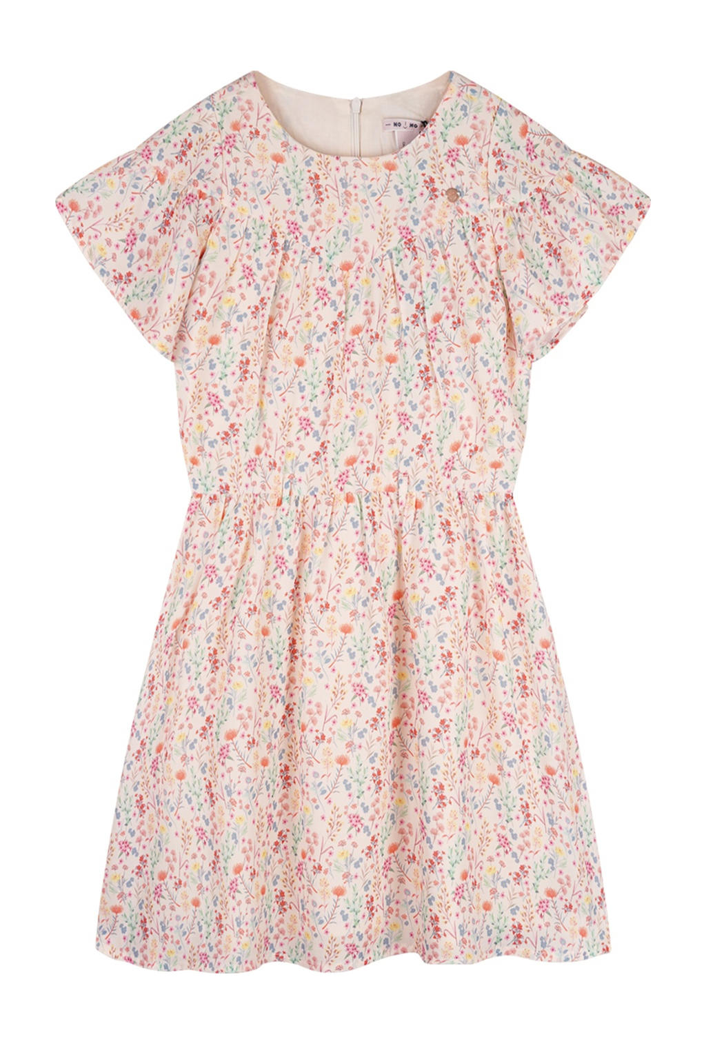 Ecru, ivoor en multikleurige meisjes NONO zomerjurk van polyester met bloemenprint, korte mouwen en ronde hals