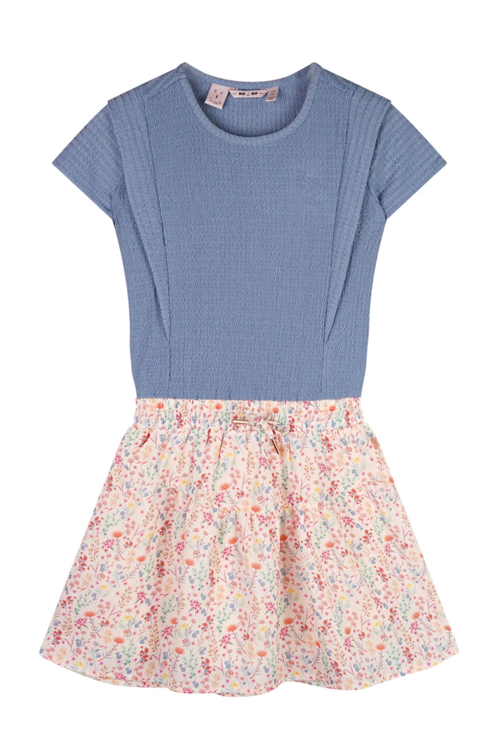 Blauw, ecru en multikleurige meisjes NONO midi jurk van polyester met bloemenprint, korte mouwen en ronde hals