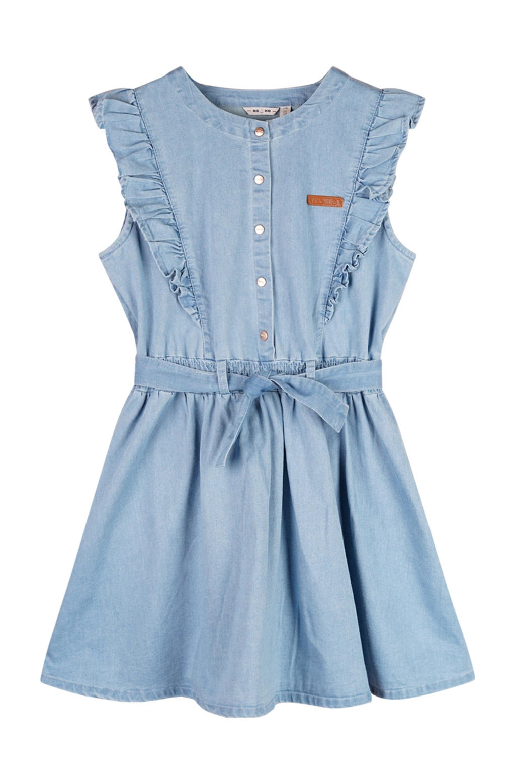 Light blue denim meisjes NONO spijkerjurk van stretchdenim met effen en ronde hals