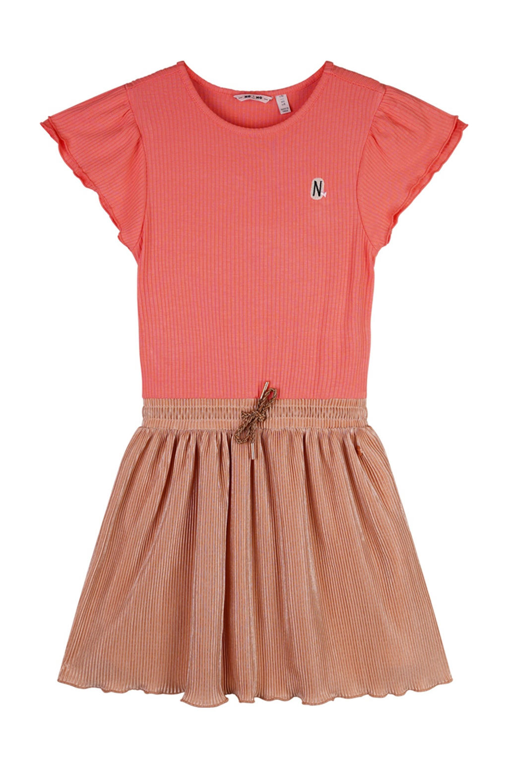 Oranje en zandkleurige meisjes NONO midi jurk van polyester met backprint, korte mouwen en ronde hals