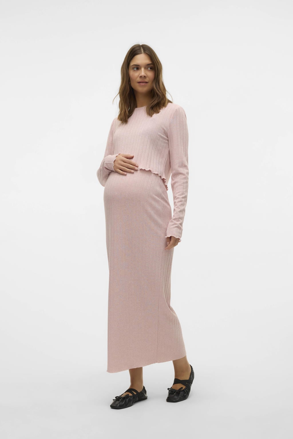 Lichtroze dames MAMALICIOUS zwangerschaps maxi rok fijn gebreid van polyester met regular waist, elastische tailleband en effen