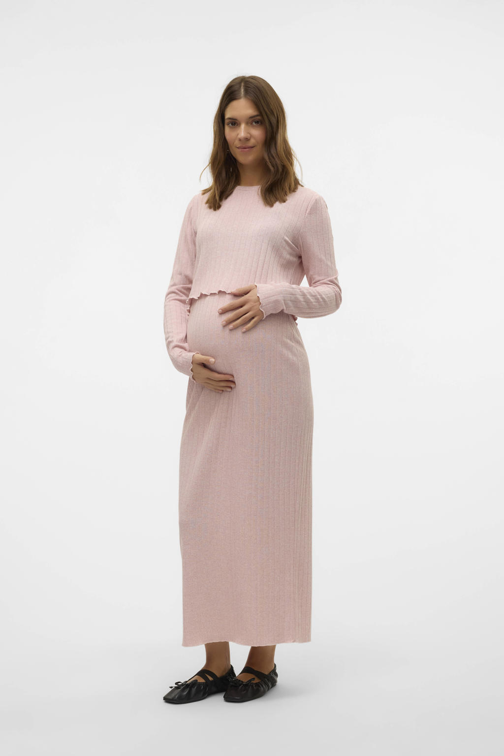 Lichtroze dames MAMALICIOUS zwangerschaps cropped top van polyester met effen, lange mouwen en ronde hals