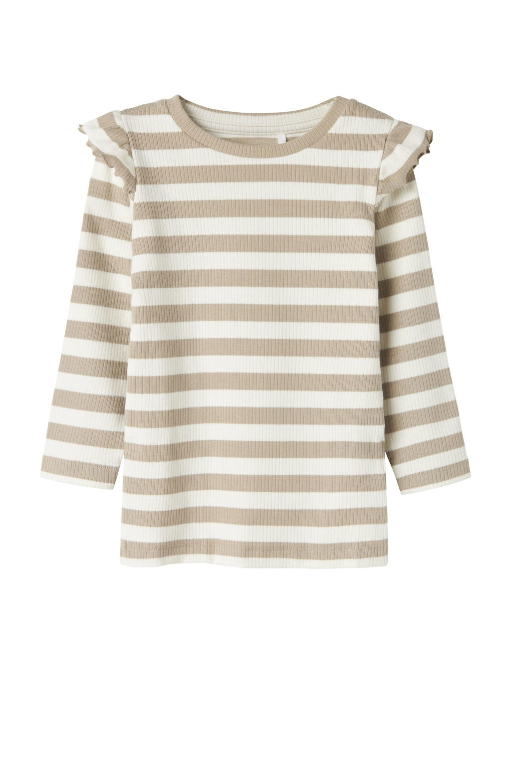 Lichtbruin en witte meisjes NAME IT MINI longsleeve rib gebreid van stretchkatoen met strepenprint, lange mouwen en ronde hals