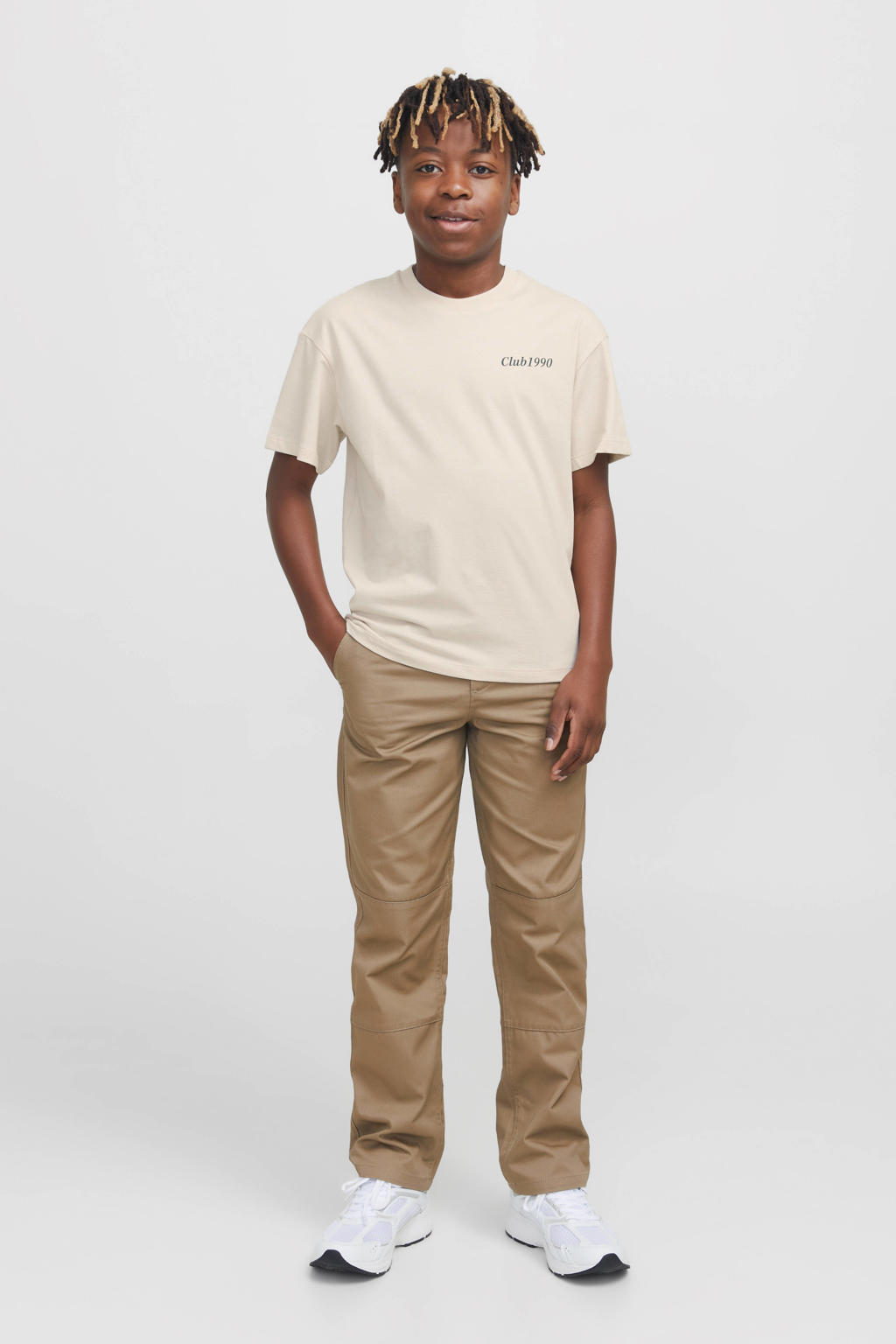 Ecru jongens JACK & JONES JUNIOR T-shirt van katoen met backprint, korte mouwen en ronde hals