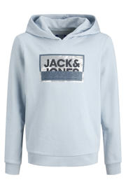 thumbnail: Lichtblauwe jongens JACK & JONES JUNIOR hoodie van sweat materiaal met logo dessin, lange mouwen en capuchon