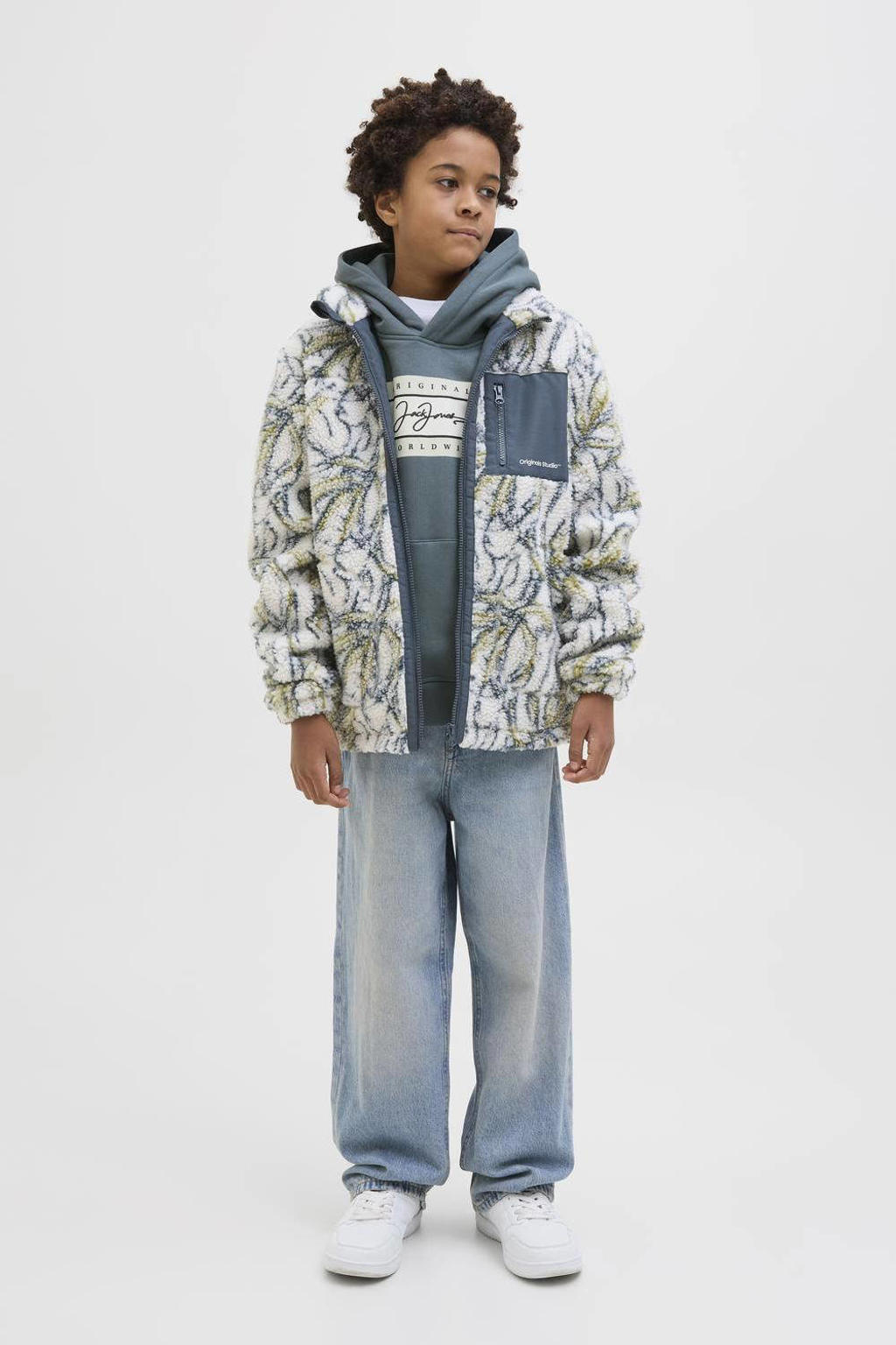 Grijze jongens JACK & JONES JUNIOR hoodie van sweat materiaal met logo dessin, lange mouwen en capuchon