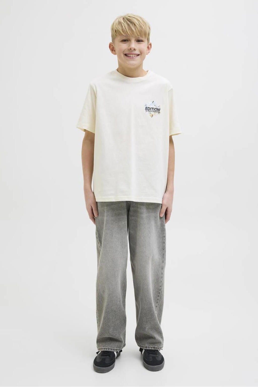 Grey denim jongens JACK & JONES JUNIOR high waist baggy fit jeans van denim met effen