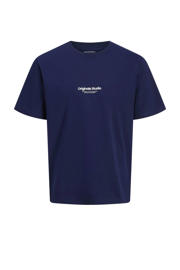 thumbnail: Donkerblauwe jongens JACK & JONES JUNIOR T-shirt van katoen met effen, korte mouwen en ronde hals