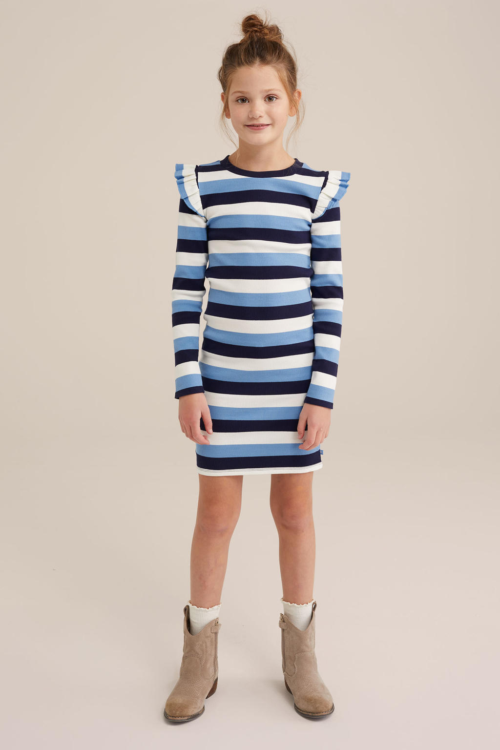 Blauwe meisjes WE Fashion korte jurk van stretchkatoen met strepenprint, lange mouwen, ronde hals en ruches