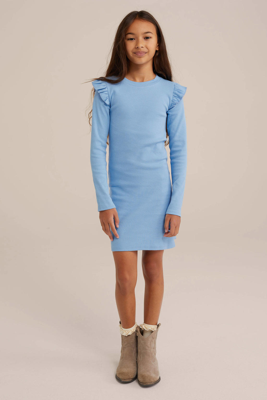 Blauwe meisjes WE Fashion korte jurk van stretchkatoen met effen, lange mouwen, ronde hals en ruches