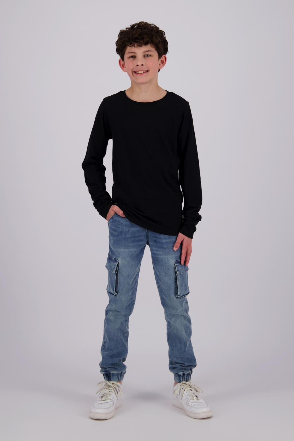 Zwarte jongens Raizzed longsleeve van katoen met effen, lange mouwen en ronde hals