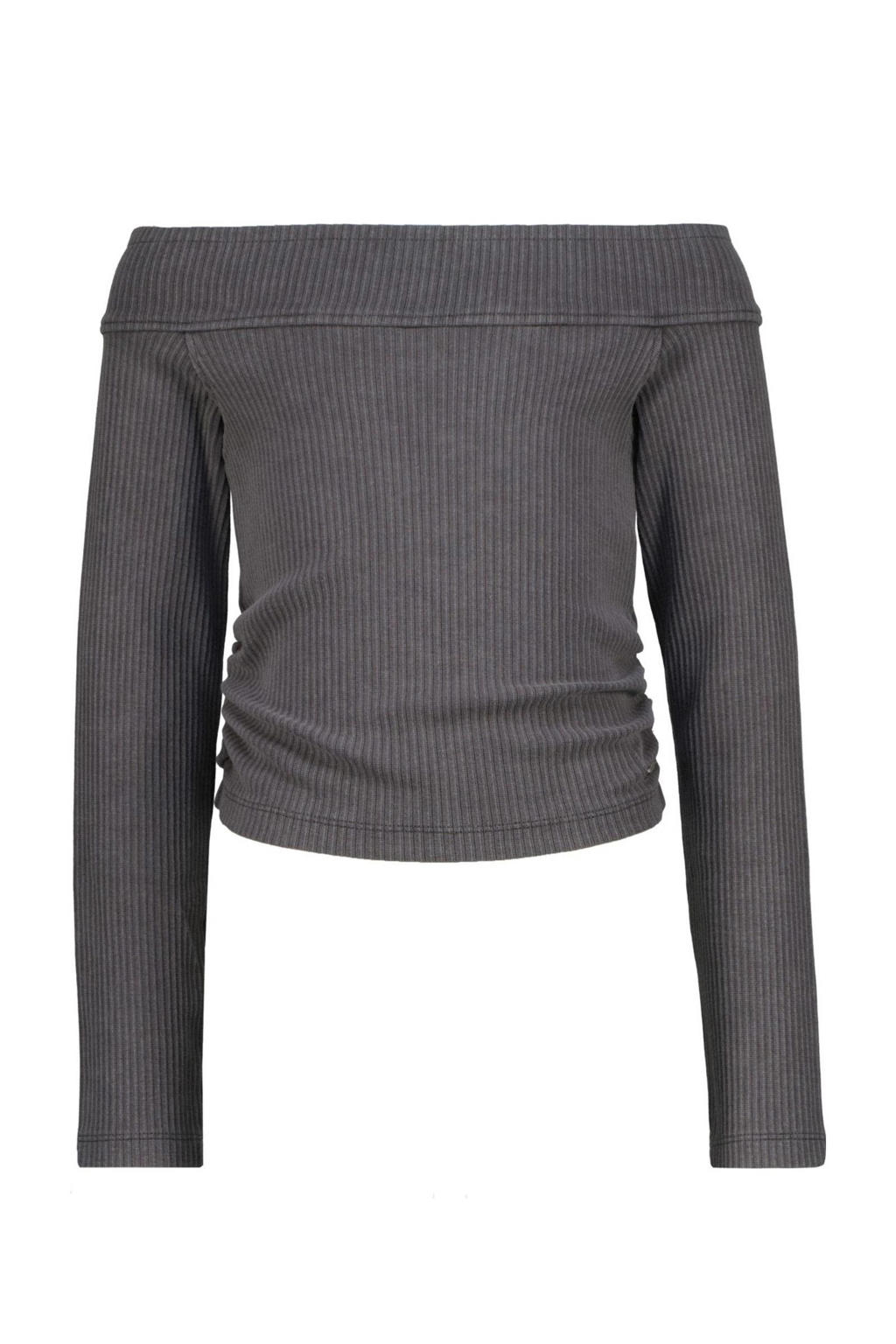 Grijze meisjes Raizzed off shoulder top van stretchkatoen met effen, lange mouwen en textuur