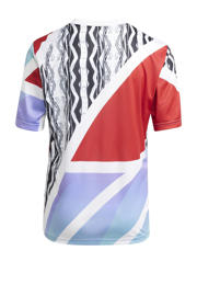 thumbnail: Rood, wit en blauwe jongens en meisjes adidas Performance Junior Arsenal FC voetbalshirt pre-match 24 25 van polyester met korte mouwen en ronde hals