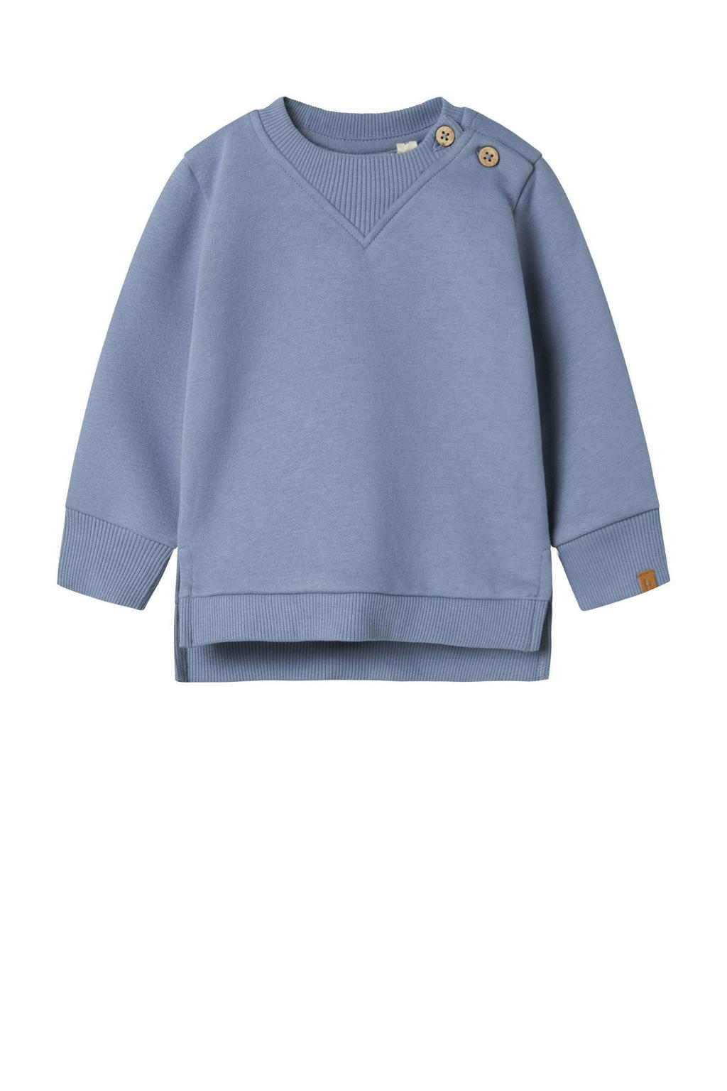 Blauwe jongens LIL' ATELIER BABY sweater met effen, lange mouwen, ronde hals, drukknoopsluiting en split